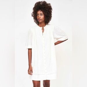 Mirth Caftans Beirut Mini Dress White Handloom Short Sleeve Cotton Tunic Medium